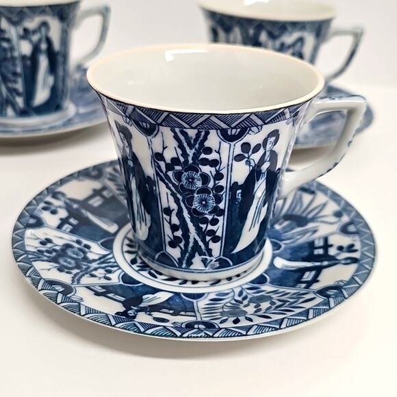 Vintage Blue and White Oriental Teacup and Saucer Set "Long Eliza" China (12 pc) - Picture 5 of 9